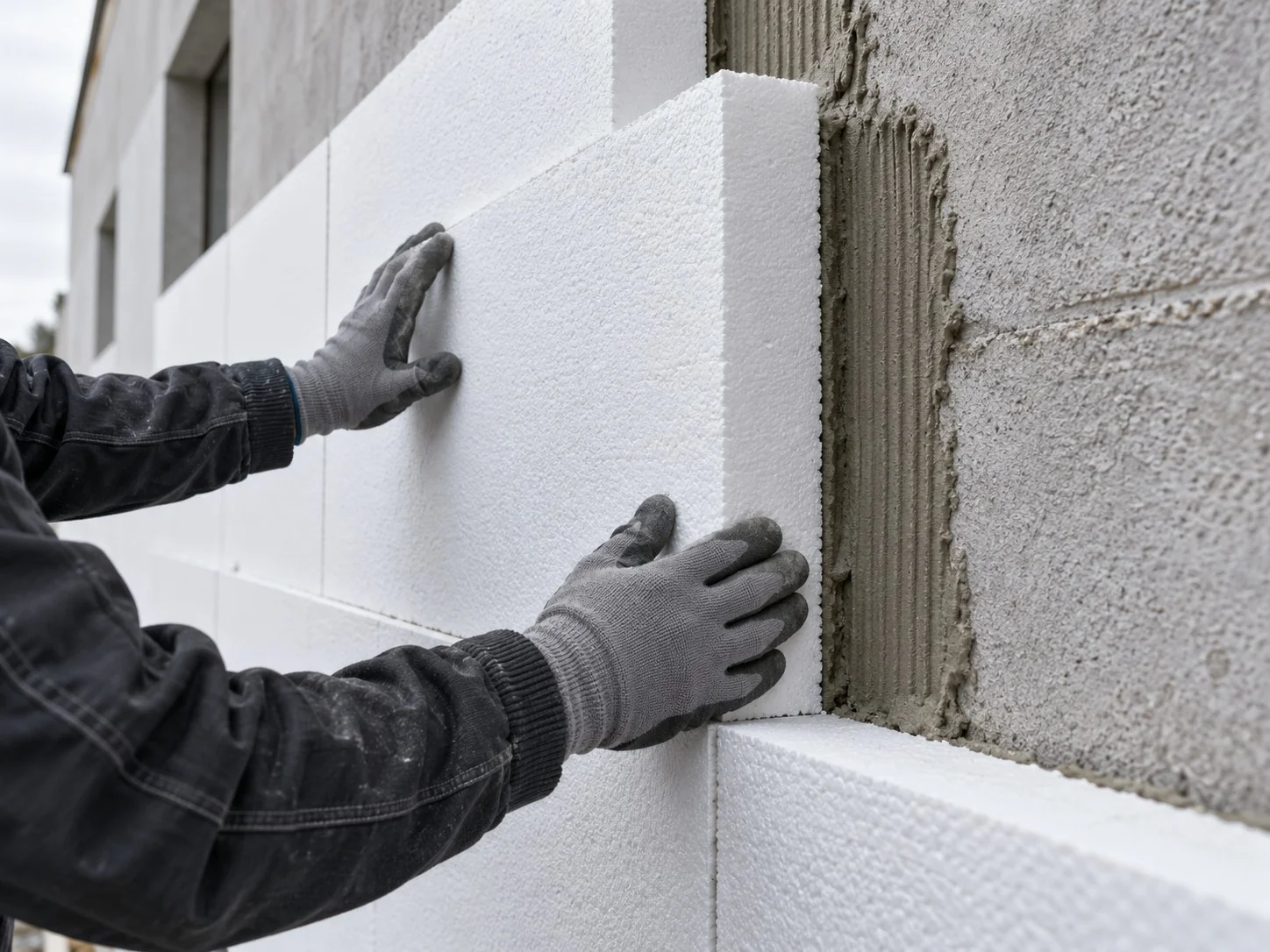 Illustration de la pose d’un panneau isolant sur un mur extérieur
