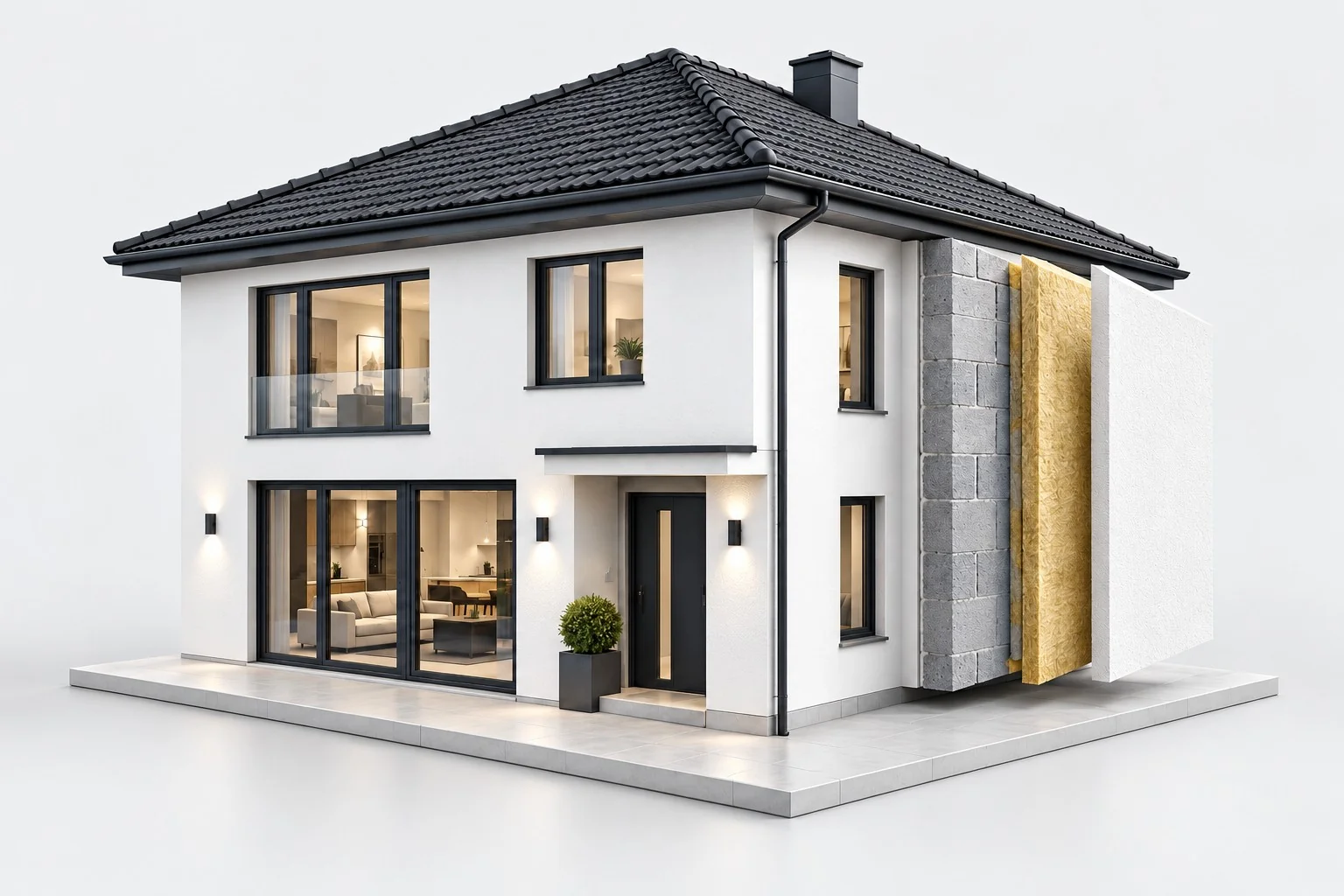 Maquette 3D d’une maison avec une façade montrant le mur, l’isolant et l’enduit